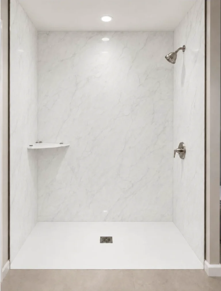 Modern walk-in shower featuring Calacatta Caldia porcelain slabs with a soft white marble-look finish, subtle gray veining, and brushed nickel fixtures