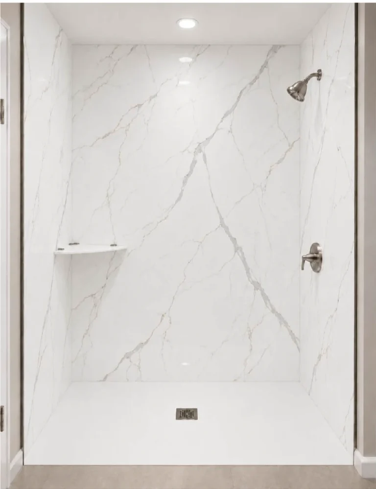 Modern walk-in shower featuring Calacatta Unique porcelain slabs with elegant white marble-look surfaces and gray veining.