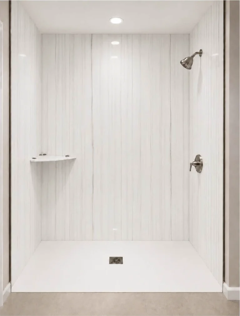 Modern walk-in shower featuring Dolomite porcelain slabs with a bright white marble-look finish, subtle vertical gray veining, a white shower base, and brushed nickel fixtures