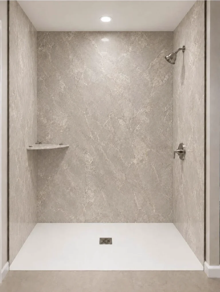 Modern walk-in shower featuring Fiori di Bosco porcelain slabs with an elegant gray-brown marble-look finish, delicate white veining, and brushed nickel fixtures