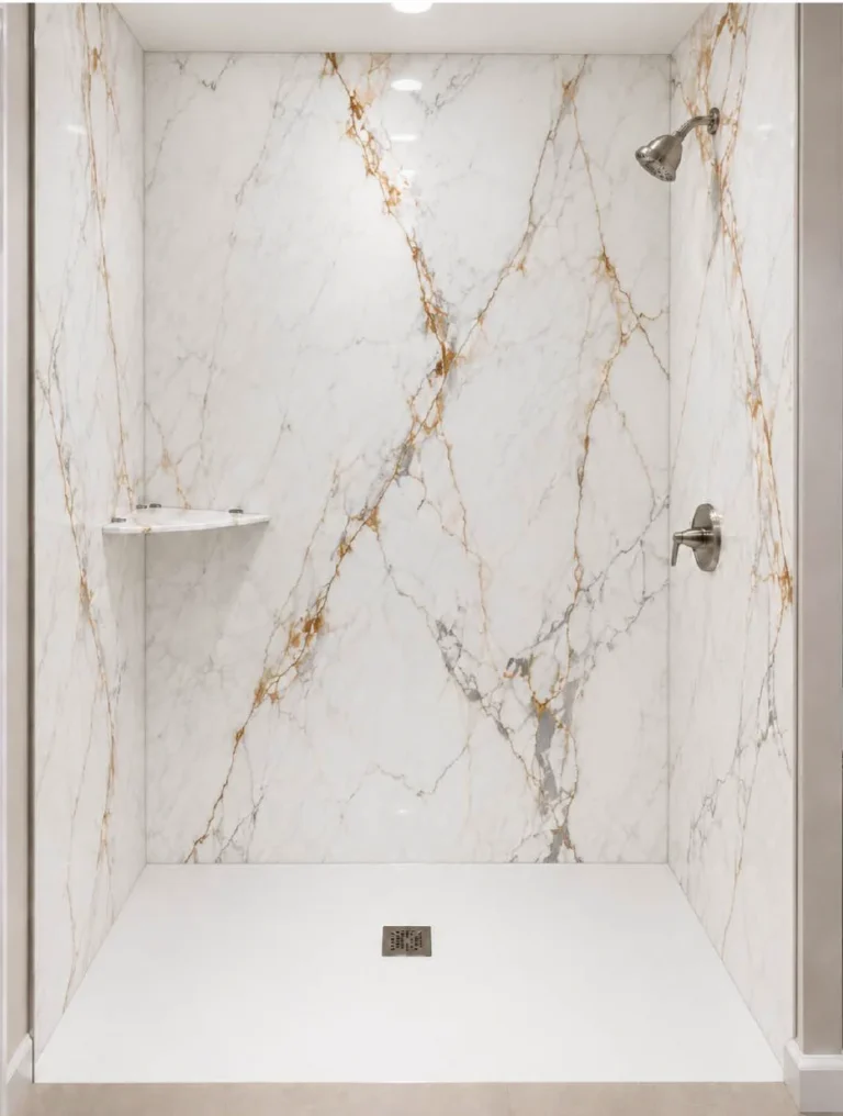 Luxury walk-in shower featuring Golden Hour porcelain slabs with a white marble-look finish, striking gold and gray veining, a white shower base, and brushed nickel fixtures