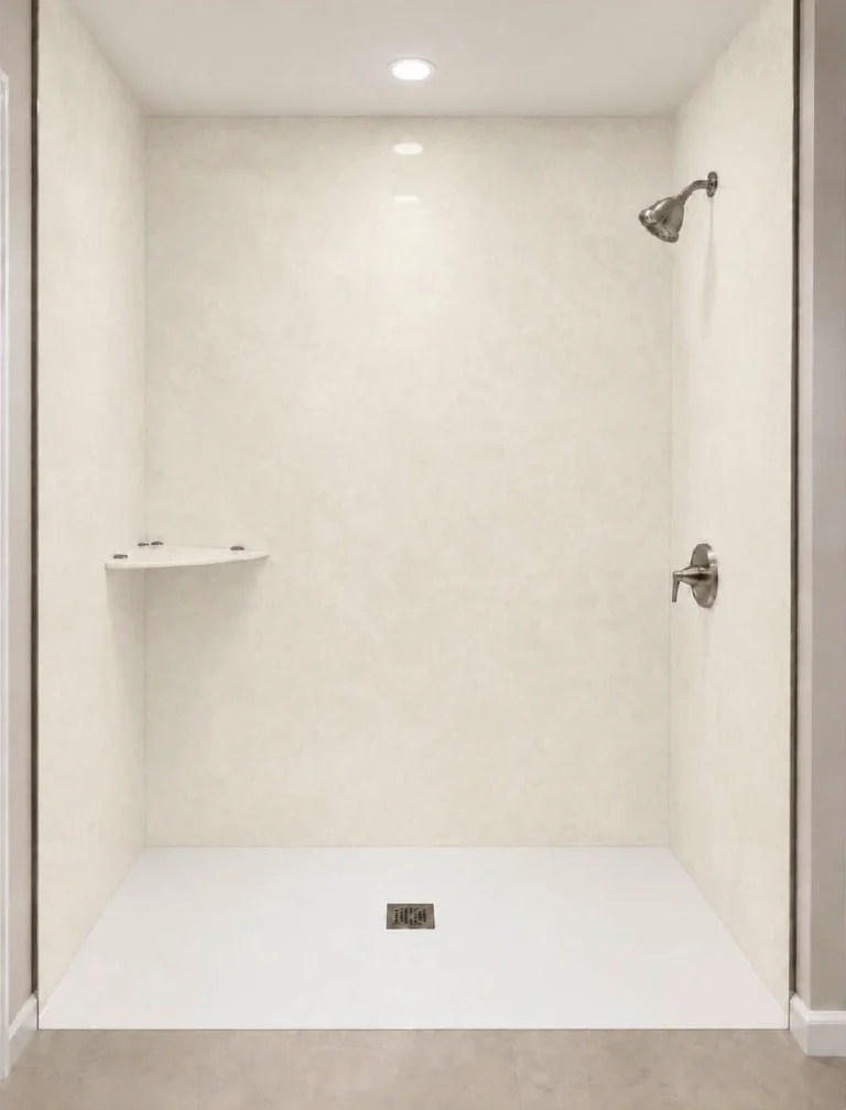 Modern walk-in shower featuring Luxury Cement White porcelain slabs with a soft off-white cement-look finish, subtle texture, a white shower base, and brushed nickel fixtures