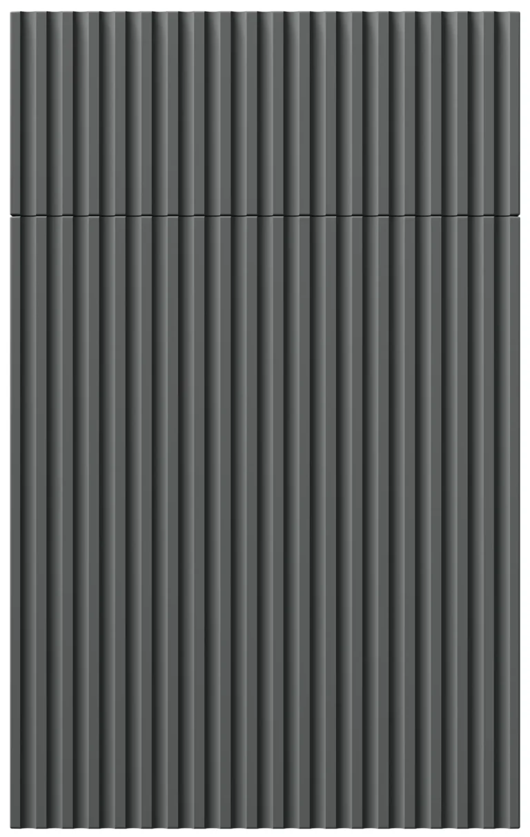 Eurocrafts Fluted kitchen cabinet front in Roycroft Pewter gray with vertical grooves