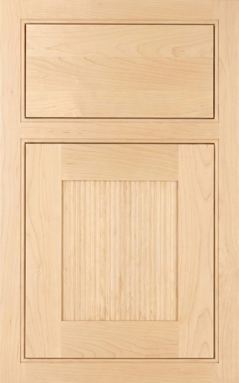 Integrity Tripoli inset kitchen cabinet door with a vertically reeded panel and matching drawer front