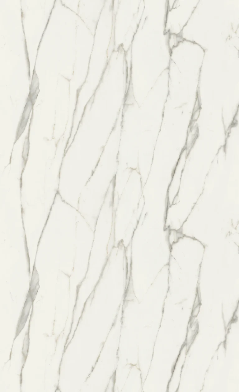 Wetwall Augusta Calacatta shower wall panel featuring a soft white marble-look finish with elegant gray veining and subtle warm undertones for a modern bathroom design.